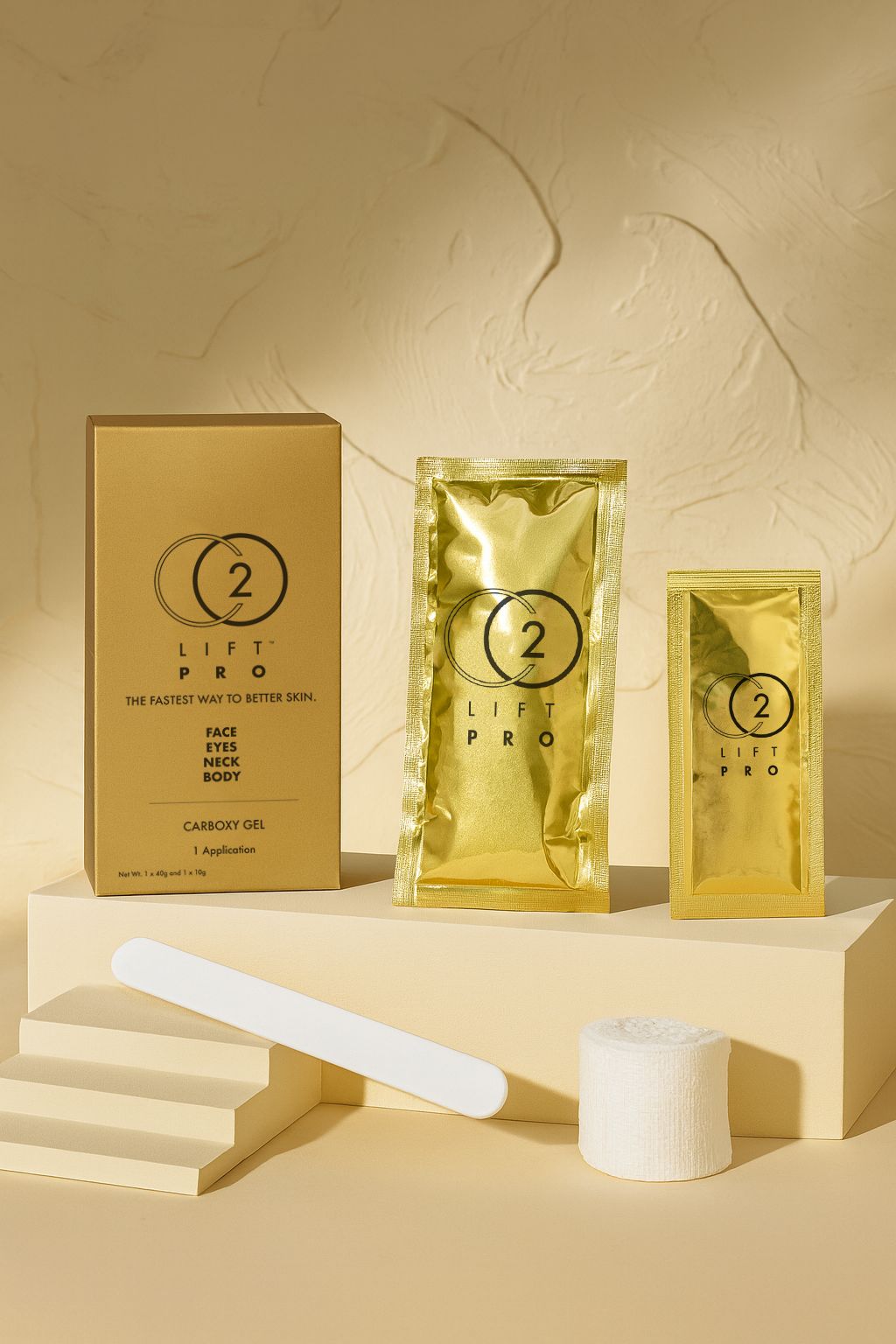 CO2LIFT PRO Carboxy Gel — box and gold treatment sachets